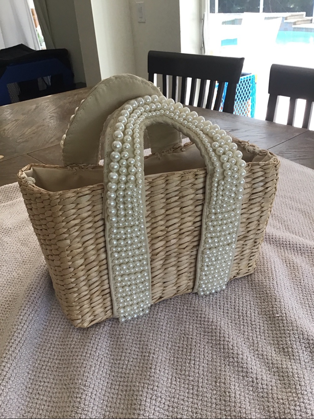Pearl-Accent Woven Straw Tote Bag